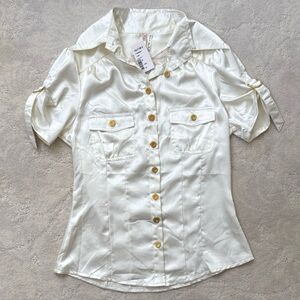Ivory Polyester Button-Down Short Sleeve Blouse w/Matching Belt, Juniors Small